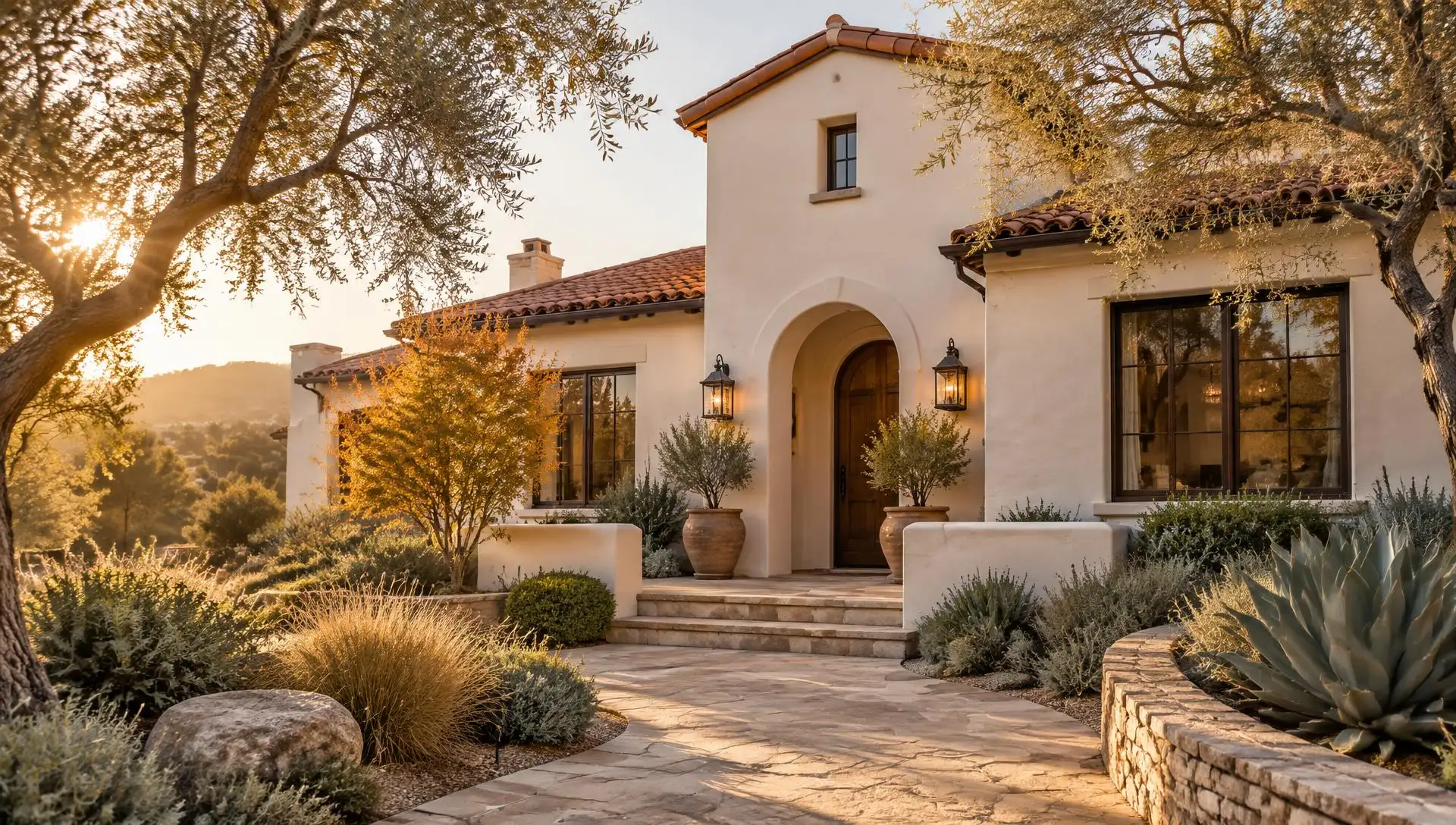 Sunlit Southern California home with olive trees